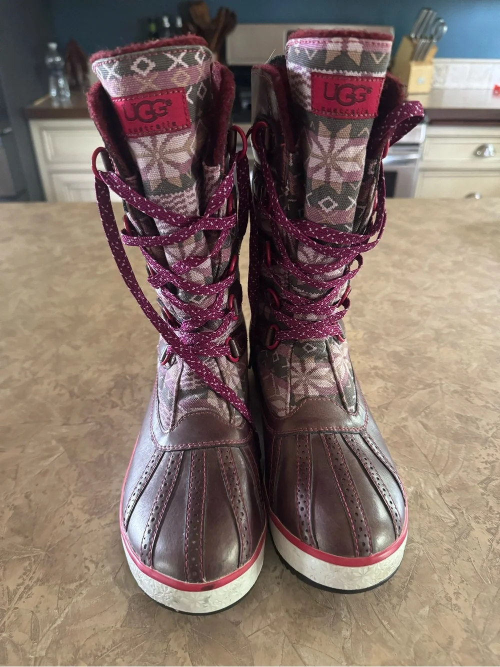 UGG Burgundy Patterned Lace-Up Winter Boots